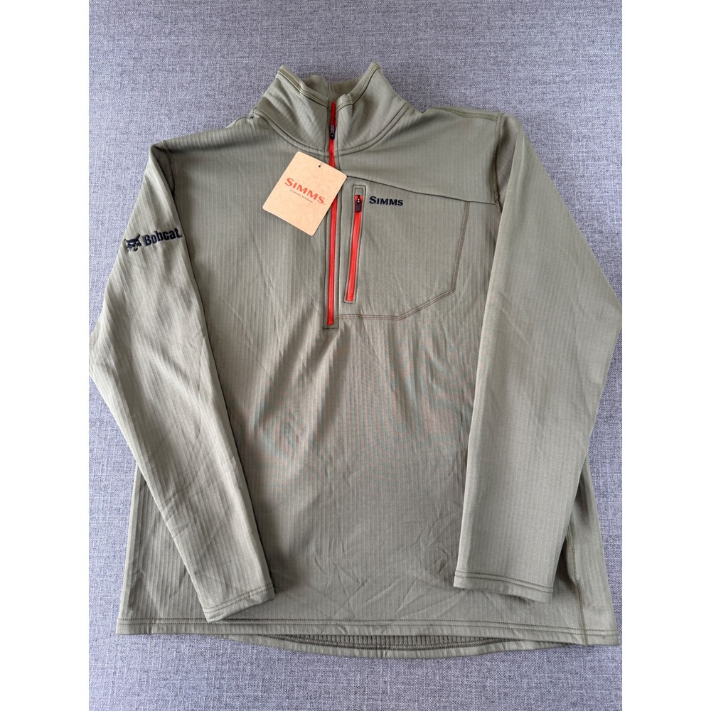 Simms Mens Thermal 1/4 Zip Top Dark Stone Green Grid Fleece XL Bobcat Logo